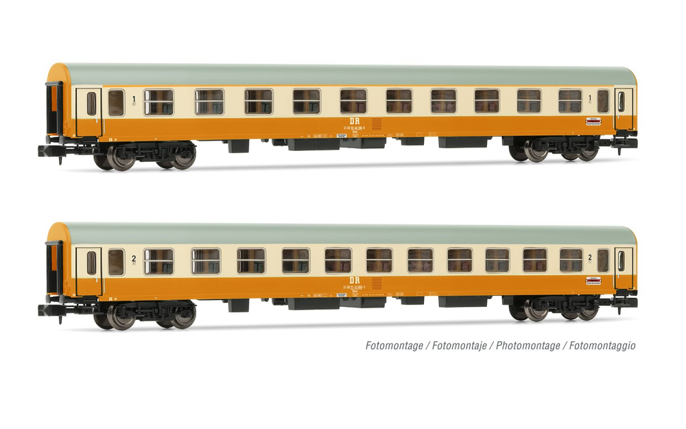 DR, 2-tlg. Set Reisezugwagen „Städte-Express“, in orange-bei