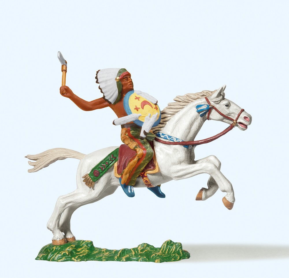 Häuptling reitend, mit Tomahawk