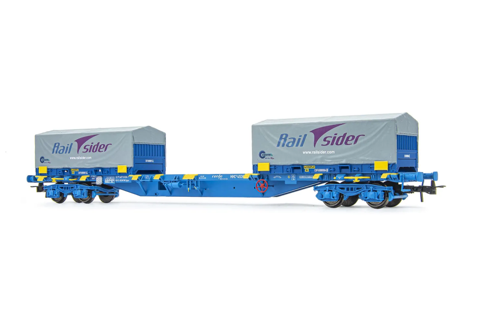 RENFE, 4-achs. Containerwagen MMC3 in blauer Lackierung, bel