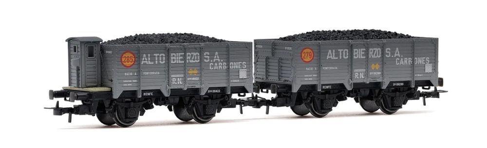 RENFE, 2-tlg. Set 2-achs. offener Güterwagen, beladen mit Ko