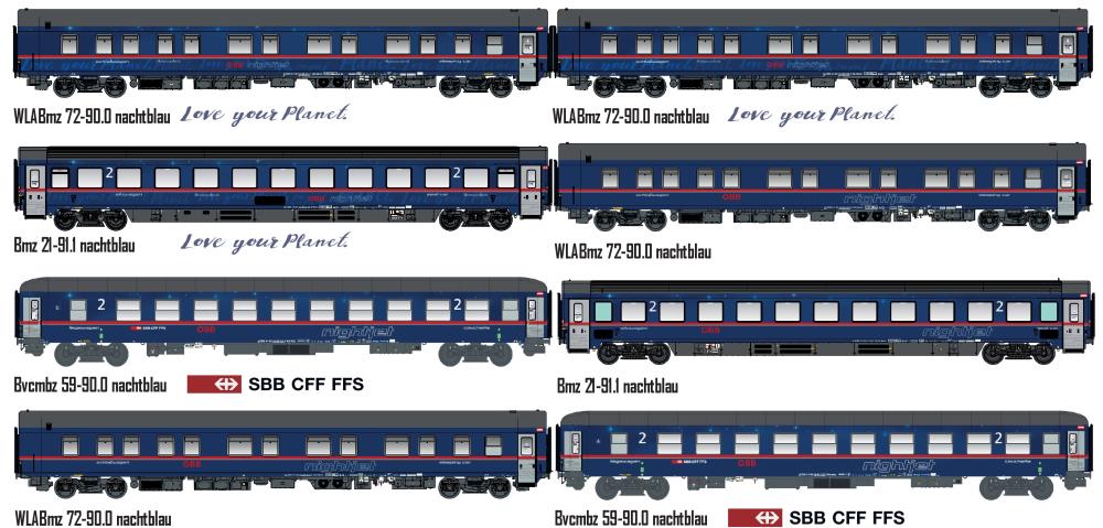 8er Set Nachtzugwagen ÖBB / Nightjet, Ep.VI, NJ 424/490