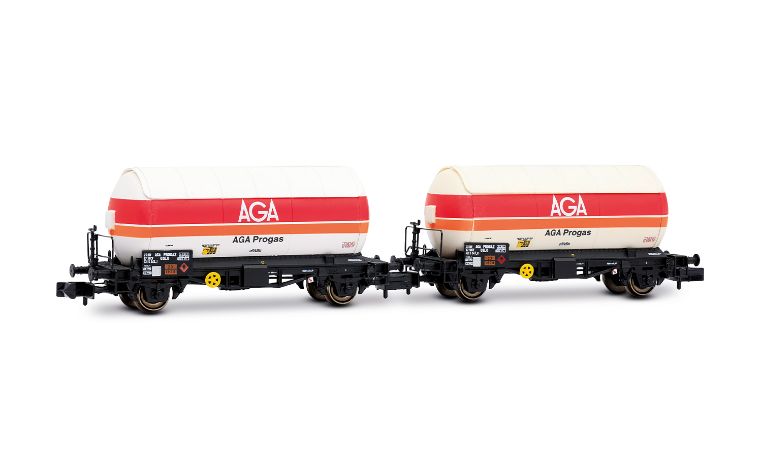 SNCF, 2-tlg. Set 2-achs. Gaskesselwagen, „AGA Progas“, weiße