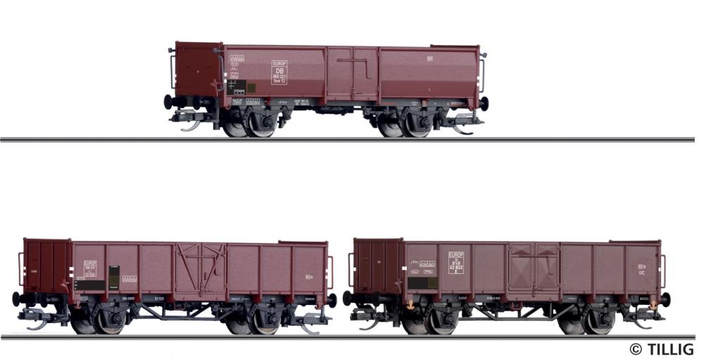 Güterwagenset der DB, SBB und DSB, bestehend aus drei offene