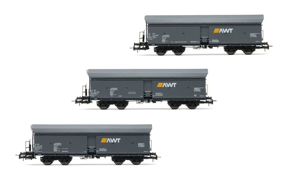 AWT, 3-tlg. Set 4-achs.Selbstentladwagen Fals, in grauer Far