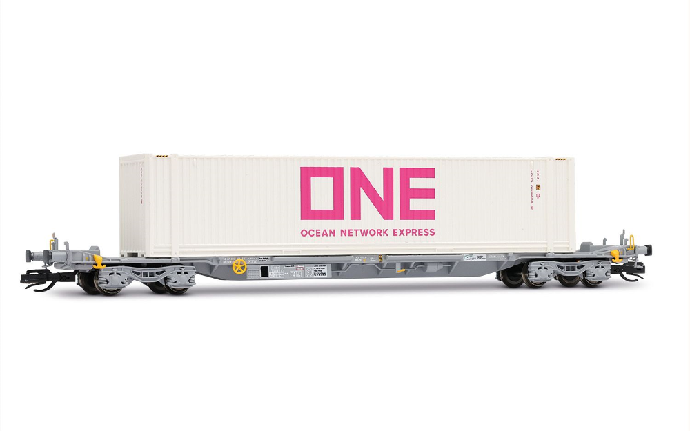 4-achs. Containertragwagen, grau, mit weißem 45'-Container „
