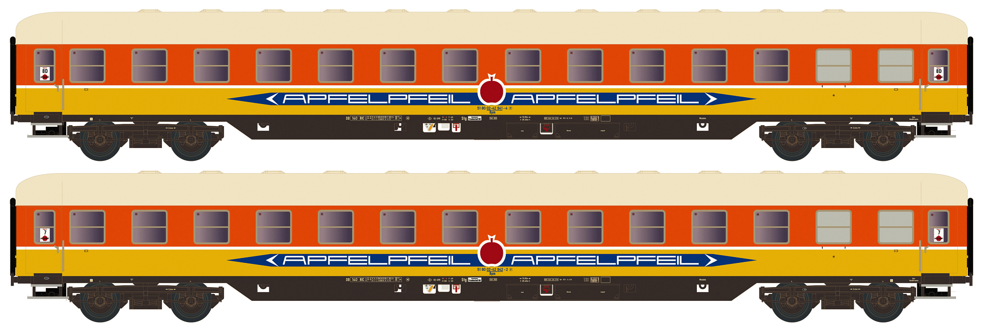 2er Set Liegewagen Bcm 53 DB/Apfelpfeil, Ep.IV, gelb/orange