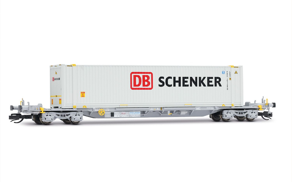 4-achs. Containertragwagen, grau, mit weißem 45'-Container „