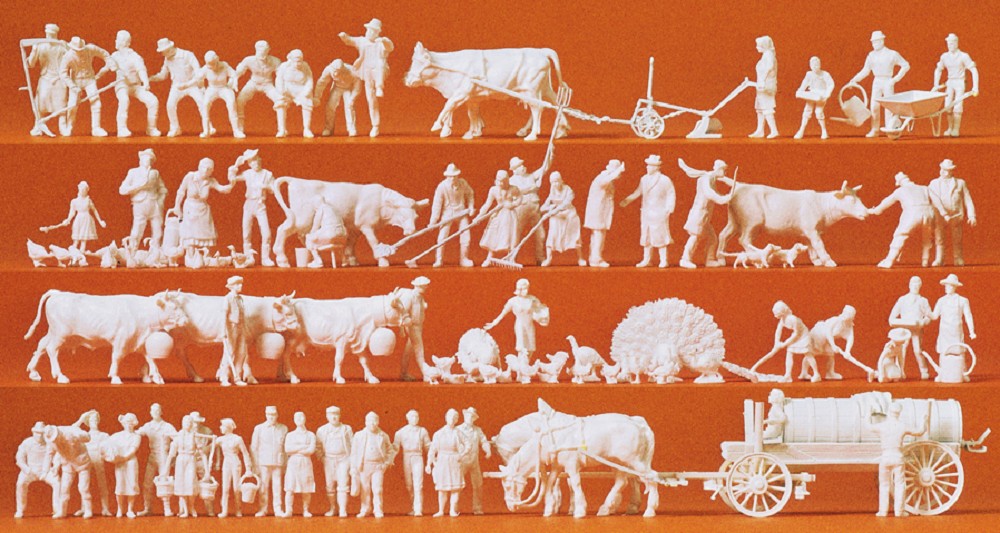 Auf dem Land. 52 unbemalte Miniaturfig. 50 unbemalte Tierfig