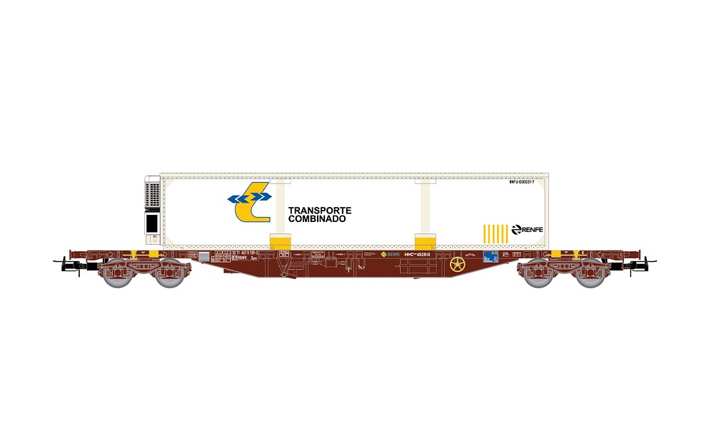 RENFE, 4-achs. Containerwagen MMC3, oxidrote Farbgebung, mit
