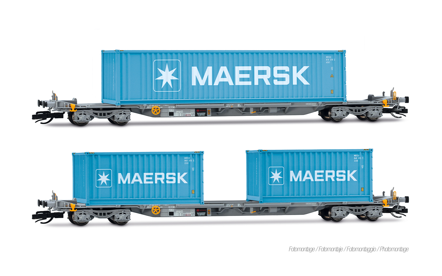 2-tlg. Set 4-achs. Container-Wagen, graue Farbgebung, belade