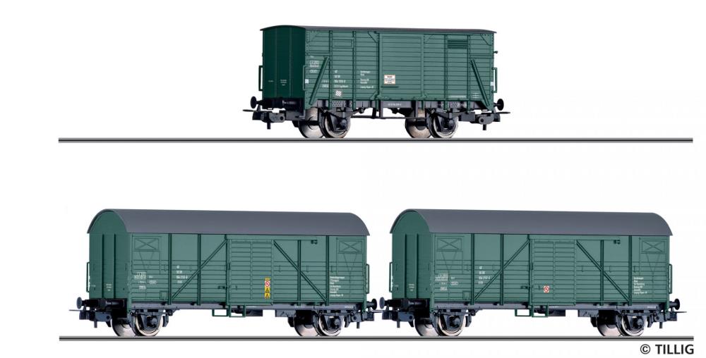 Güterwagenset „Bauzugwagen“ der DR, bestehend aus drei gedec