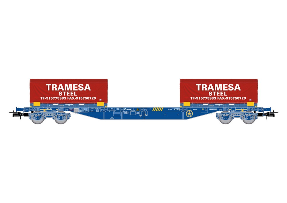 RENFE, 4-achs. Containerwagen MMC3 in blauer Lackierung, bel