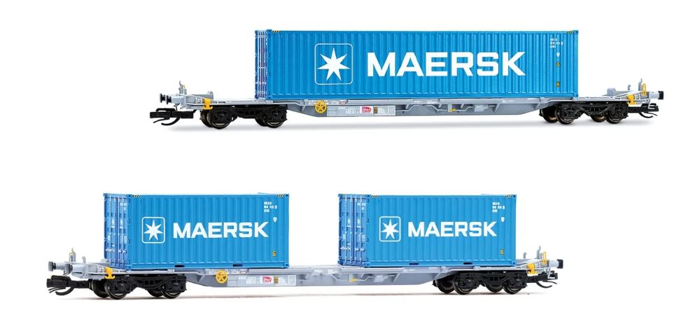 2-tlg. Set 4-achs. Container-Wagen, graue Farbgebung, belade