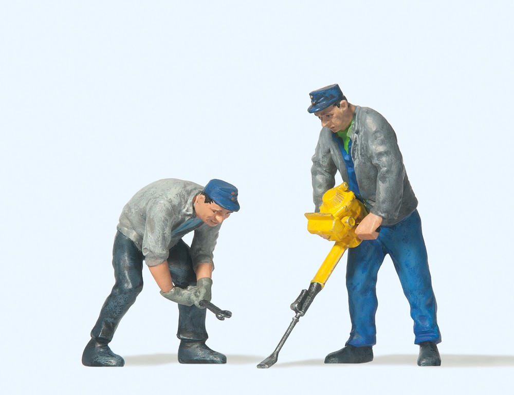2 Gleisbauarbeiter mit Gleißtopfgerät bzw. Gabelschlüssel 2 Gleisbauarbeiter mit Gleißtopfgerät bzw. Gabelschlüssel