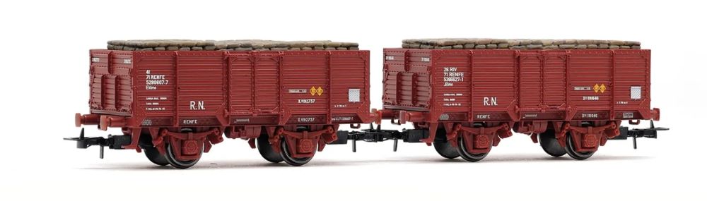 RENFE, 2-tlg. Set 2-achs. offener Güterwagen, beladen mit Ta