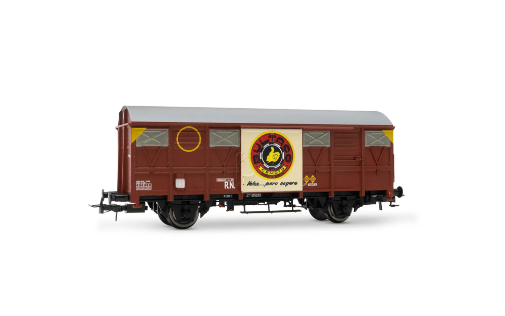 RENFE, 2-achs. gedeckter Güterwagen der Bauart J2, mit Werbe