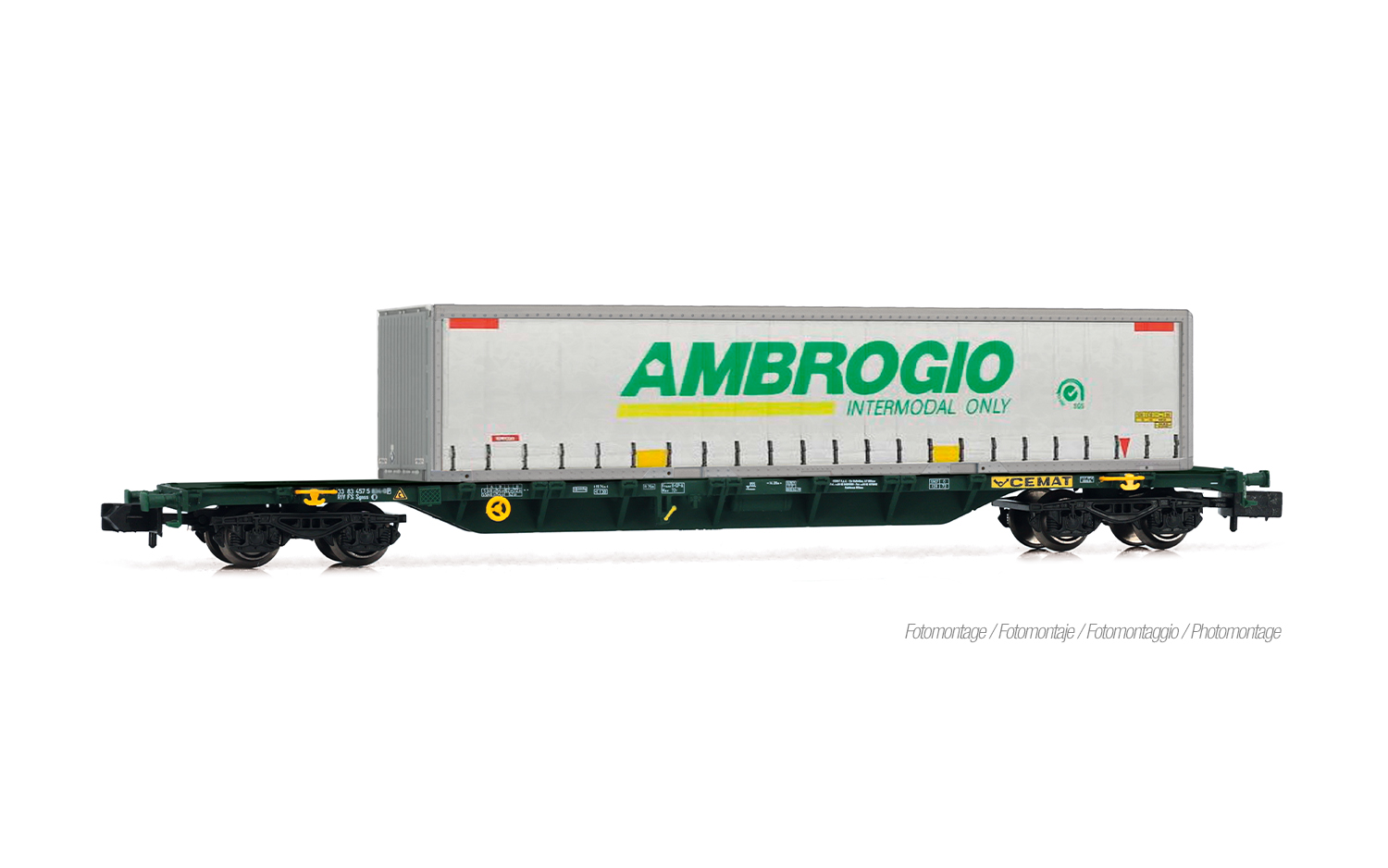 CEMAT, Containerwagen Sgnss, grün, beladen mit „AMBROGIO”-Cu