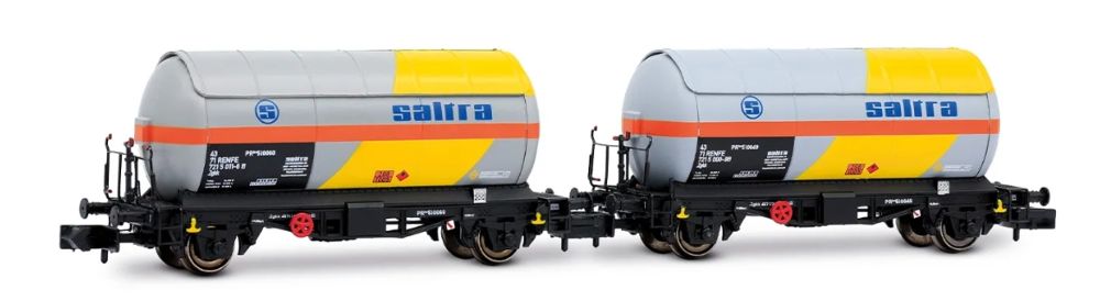 RENFE, 2-tlg. Set 2-achs. PR-Kesselwagen, „Saltra“, gelb-gra