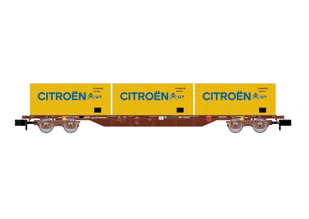RENFE, 4-achs. Flachwagen MMC3, beladen mit 3 x 20' Containe