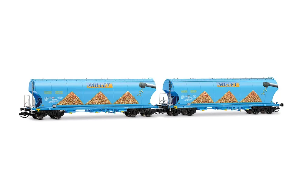 MILLET, 2-tlg. Set 4-achs. Getreidesilo-Wagen mit runden Sei