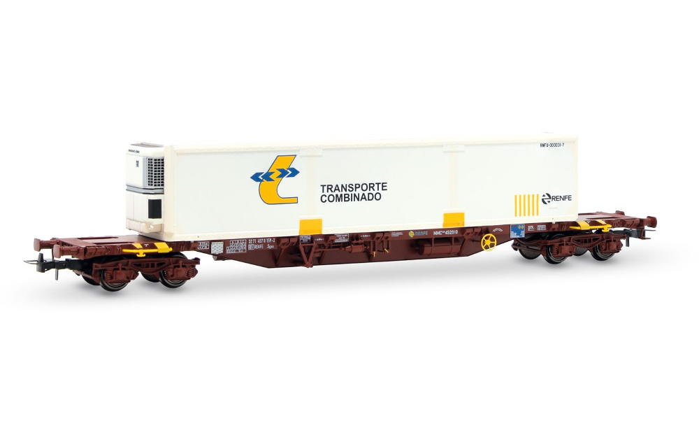 RENFE, 4-achs. Containerwagen MMC3, oxidrote Farbgebung, mit