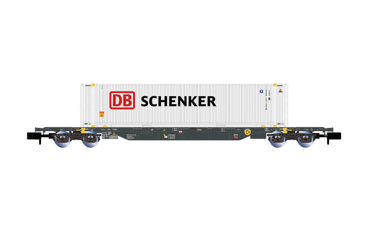 4-achs. Containerwagen Sgnss, graue Farbgebung, beladen mit
