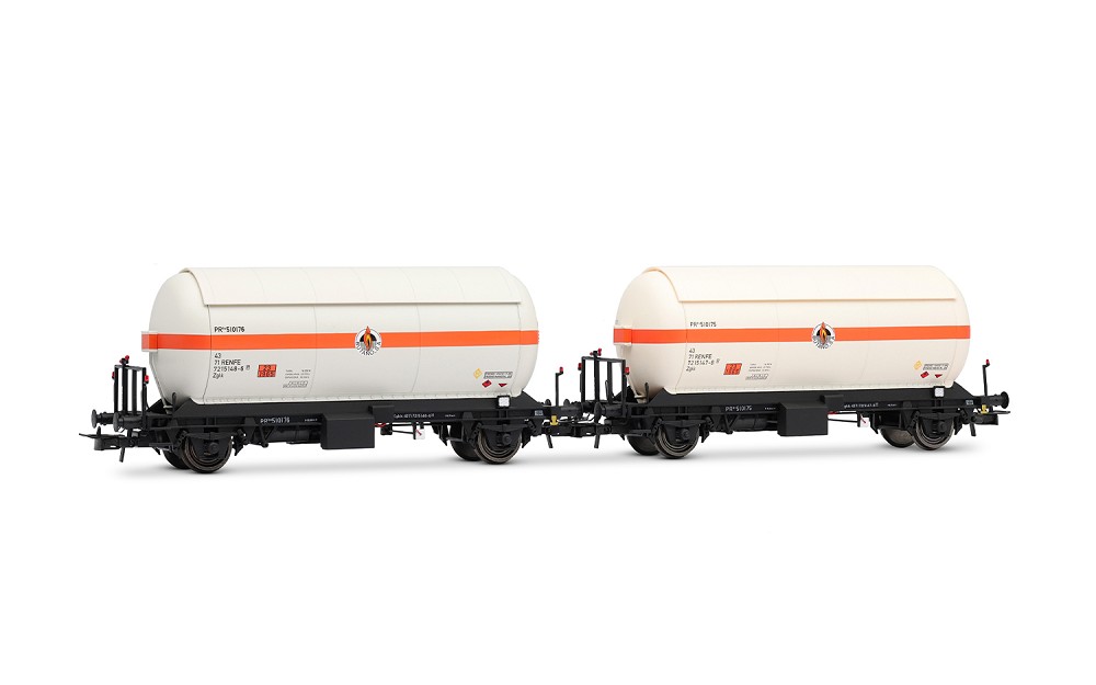 RENFE, 2-tlg. Set 2-achs. Gaskesselwagen, weiße-orange Farbg