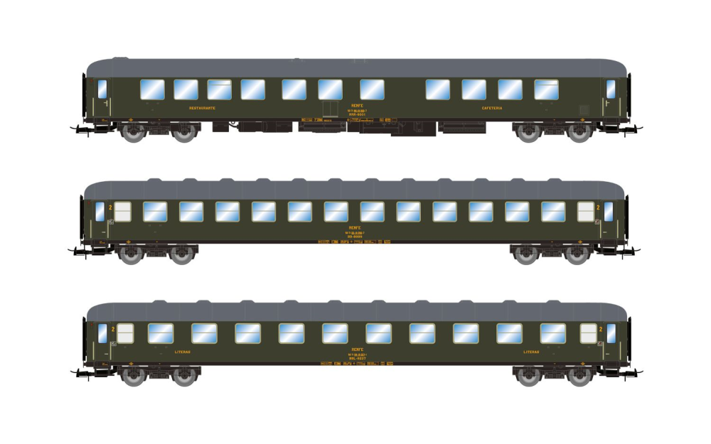 RENFE, 3-tlg. Set Reisezugwagen „Costa Brava" in olivgrüner