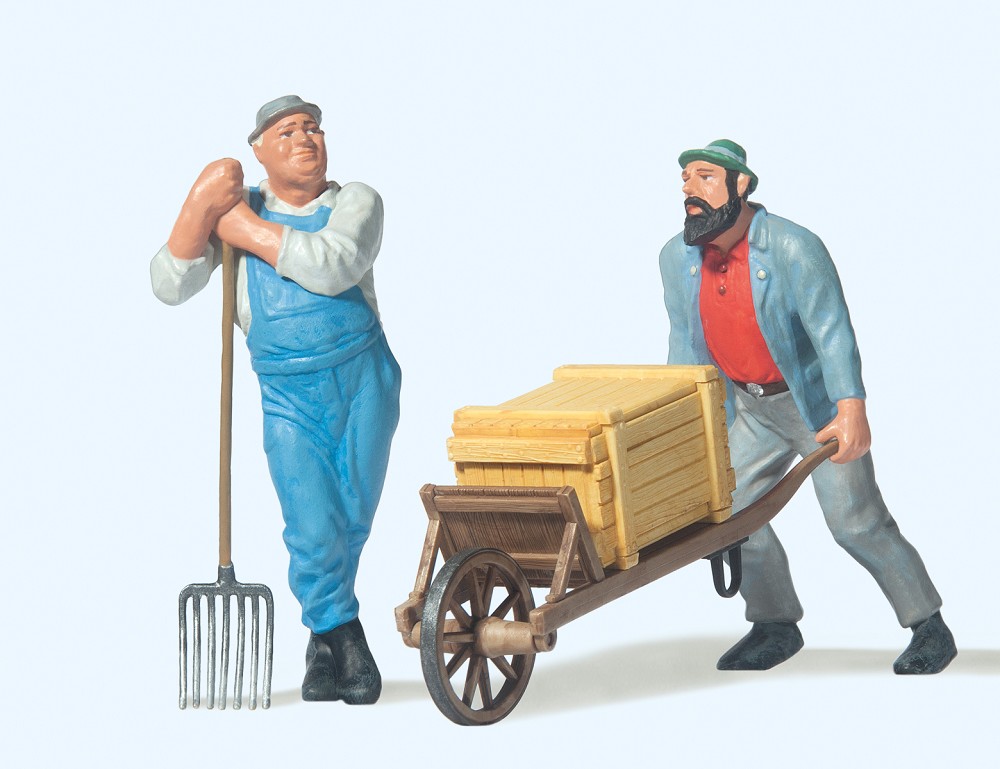 Arbeiter mit Schubkarre, Arbeiter auf Gabel gestützt Arbeiter mit Schubkarre, Arbeiter auf Gabel gestützt