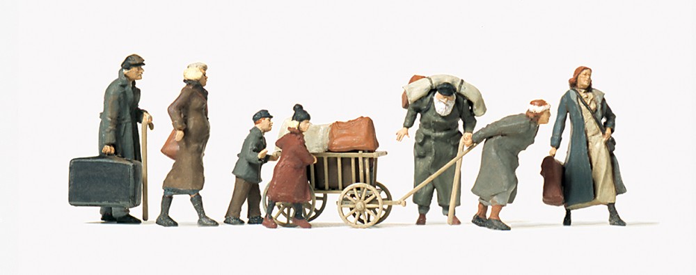 Flüchtlinge. 7 unbemalte Miniaturfiguren  Zubehör. Bausatz