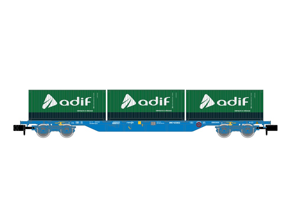RENFE, 4-achs. Containerwagen in blauer Lackierung, beladen