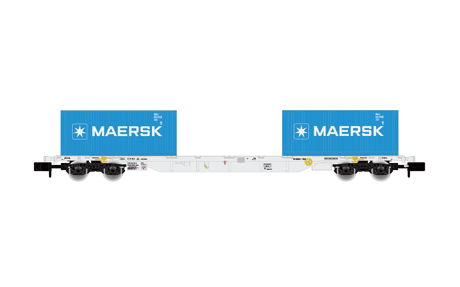 4-achs. Containerwagen Sgnss, graue Farbgebung, beladen mit